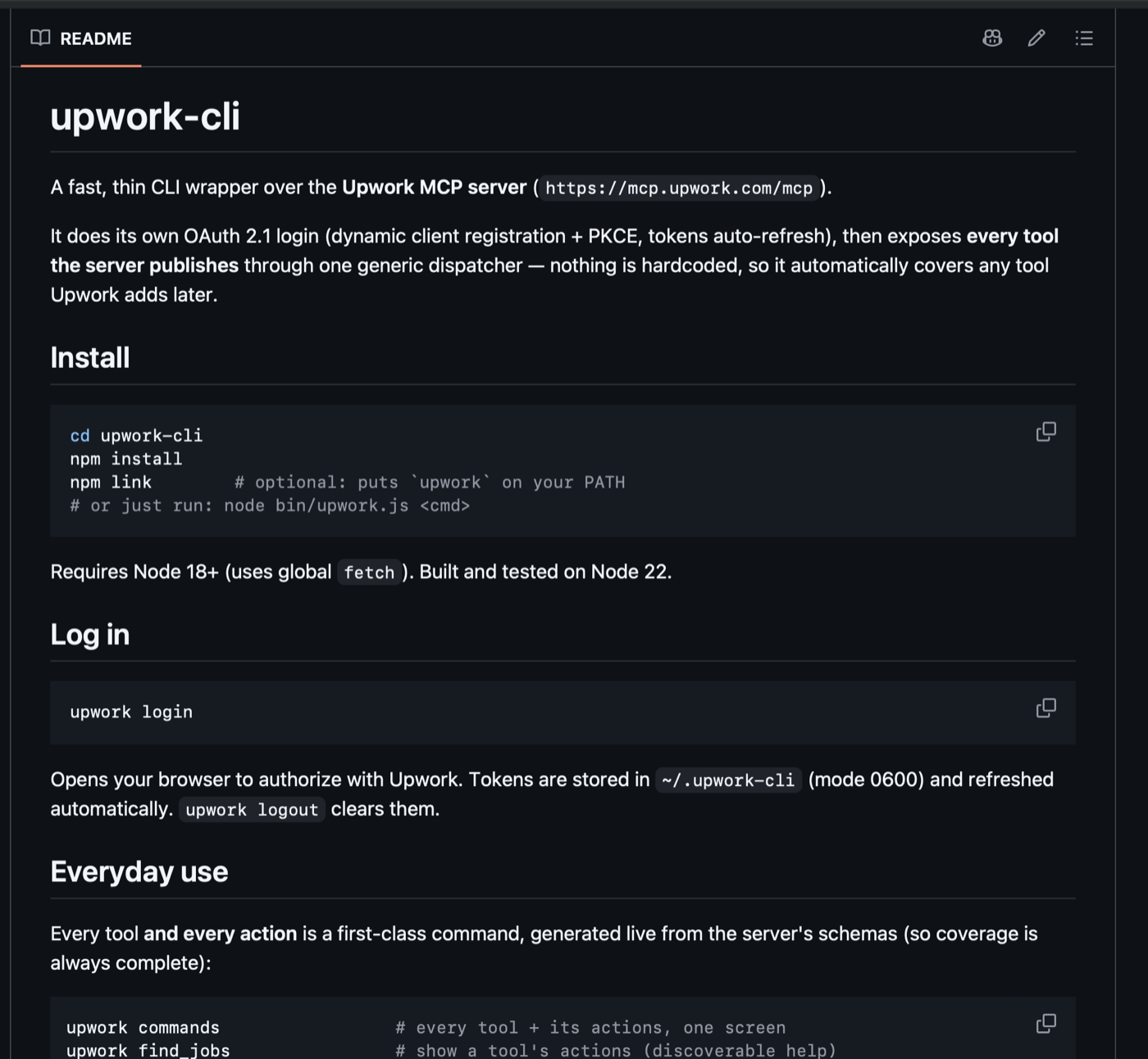 upwork-cli README with install and usage.
